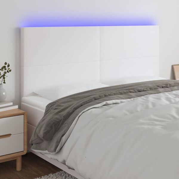 vidaXL gultas galvgalis ar LED, 160x5x118/128 cm, balta mākslīgā āda