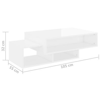 vidaXL kafijas galdiņš, spīdīgi balts, 105x55x32 cm, skaidu plāksne