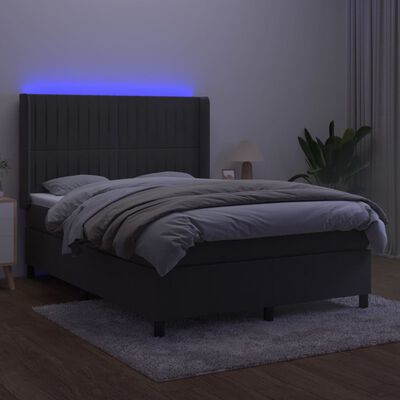 vidaXL atsperu gulta ar matraci, LED, tumši pelēks samts, 140x200 cm