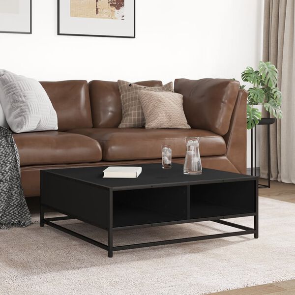 vidaXL kafijas galdiņ&scaron;, melns, 80x80x30 cm, inženierijas koks, metāls