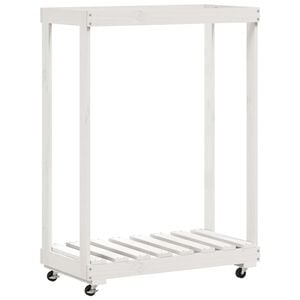 vidaXL malkas statīvs ar riteņiem, balts, 76,5x40x108 cm, priedes koks