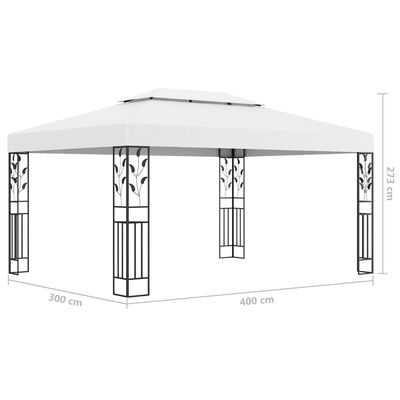 vidaXL dārza nojume ar dubulto jumtu un LED lampiņām, 3x4 m, balta