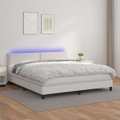 vidaXL atsperu gulta ar matraci, LED, balta, 160x200 cm, mākslīgā āda