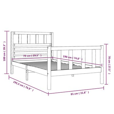 vidaXL gultas rāmis, pelēks, 75x190 cm, vienvietīgs, masīvkoks