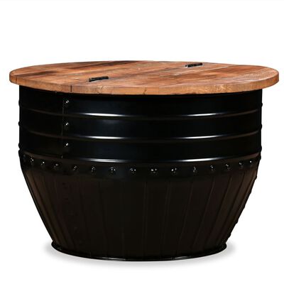 vidaXL kafijas galdiņš, mucas forma, pārstrādāts koks, tērauds, melns