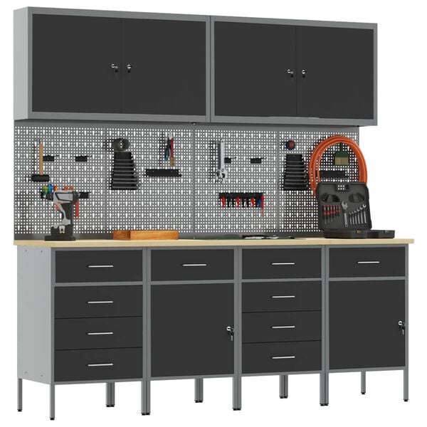 vidaXL Darba skapis ar slēdzeni 10 pcs Melna Inženieru koks un tērauds