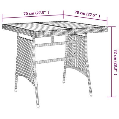 vidaXL dārza galds, 70x70x72 cm, pelēka PE rotangpalma, akācijas koks