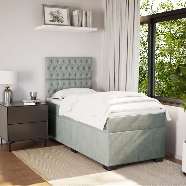 vidaXL atsperu gulta ar matraci, gai&scaron;i pelēka samts, 90x190 cm