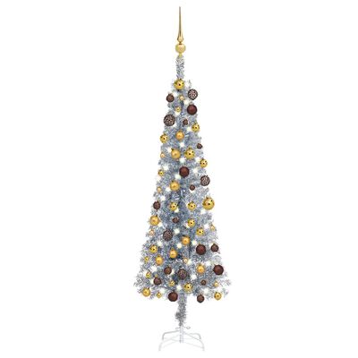 vidaXL šaura Ziemassvētku egle ar LED un bumbiņām, 120 cm, sudraba