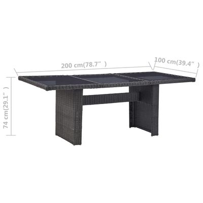 vidaXL dārza galds, 200x100x74 cm, melns, stikls un PE rotangpalma