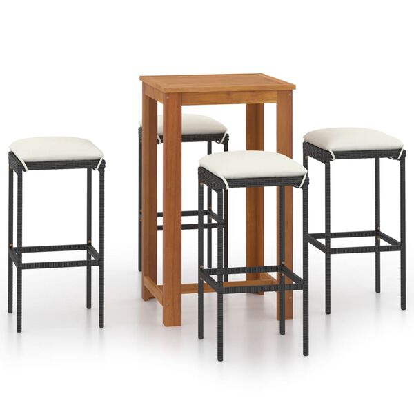 vidaXL 5-daļīgs dārza bāra mēbeļu komplekts ar matračiem, melns