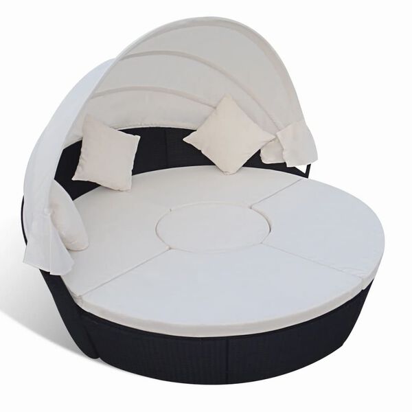 vidaXL dārza atpūtas gulta ar jumtiņu, melna PE rotangpalma