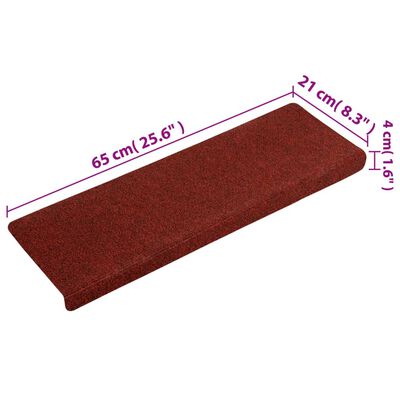 vidaXL kāpņu paklāji, 15 gab., adatu perforēti, 65x21x4 cm, sarkani