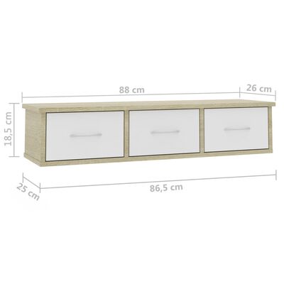 vidaXL sienas atvilktņu plaukts, balta, ozolkoka krāsa, 88x26x18,5 cm
