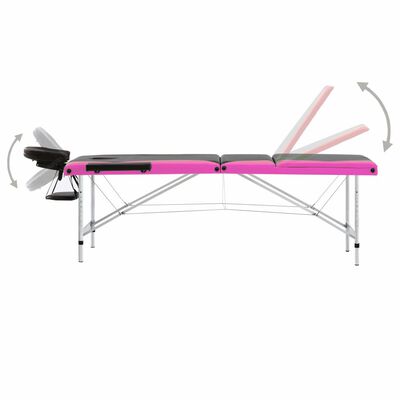 vidaXL saliekams masāžas galds, 3 daļas, alumīnijs, melns ar rozā