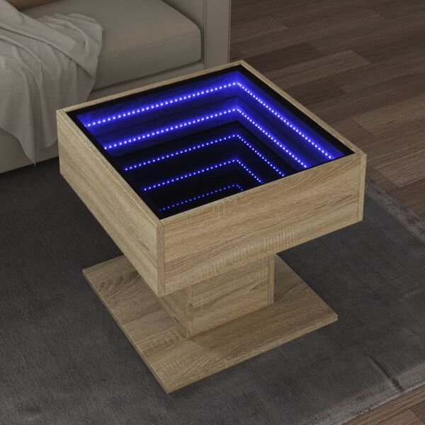 vidaXL kafijas galdiņ&scaron; ar LED, ozola, 50x50x45 cm, inženierijas koks