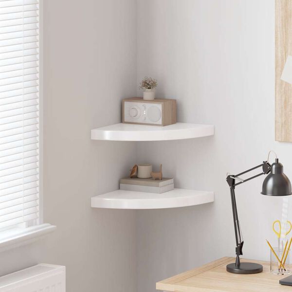 vidaXL stūra sienas plaukti, 2 gab., spīdīgi balti, 35x35x3,8 cm, MDF