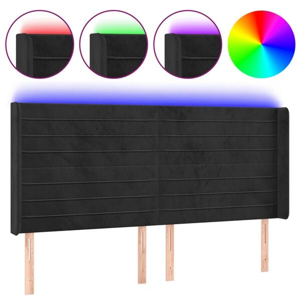 vidaXL gultas galvgalis ar LED, 163x16x118/128 cm, melns samts