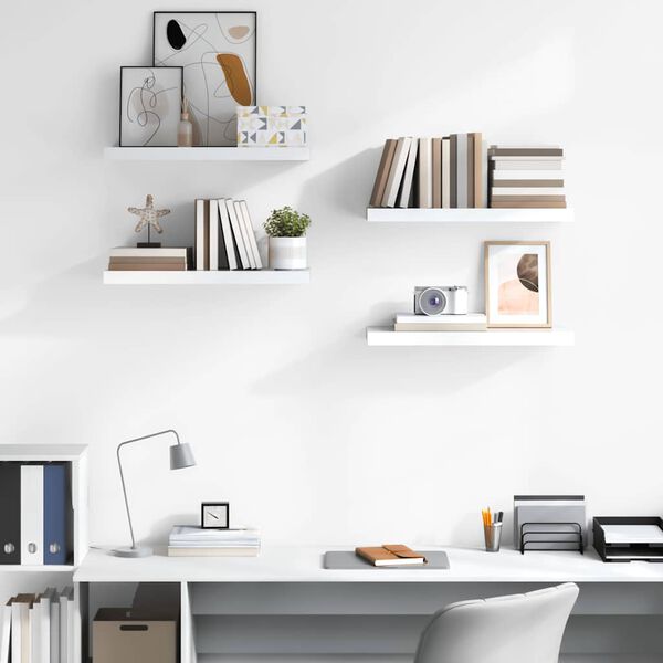 vidaXL sienas plaukti, 4 gab., spīdīgi balti, 60x23,5x3,8 cm, MDF