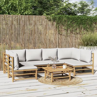 vidaXL 7-daļīgs dārza dīvānu komplekts ar pelēkiem matračiem, bambuss