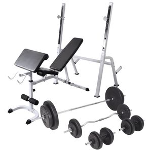 vidaXL treniņu sols ar svaru statīvu, hantelēm un stieni, 90 kg