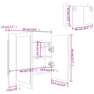 vidaXL vannasistabas spoguļskapītis, LED, pelēks, Sonoma, 60x12x45 cm
