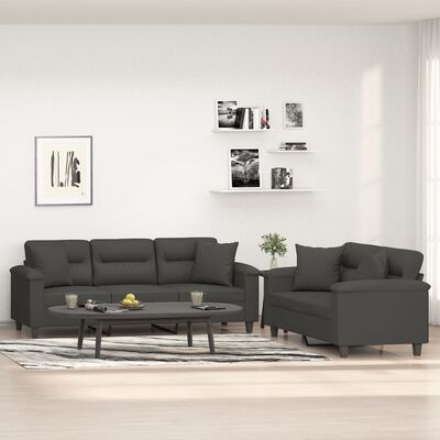 vidaXL divvietīgs dīvānu komplekts ar spilveniem, tumši pelēks audums