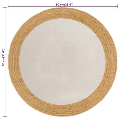 vidaXL pīts paklājs, balts, dabīga apmale, 90 cm, džuta, kokvilna