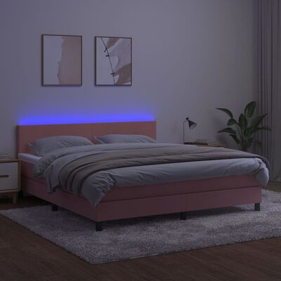 vidaXL atsperu gulta ar matraci, LED, rozā samts, 180x200 cm