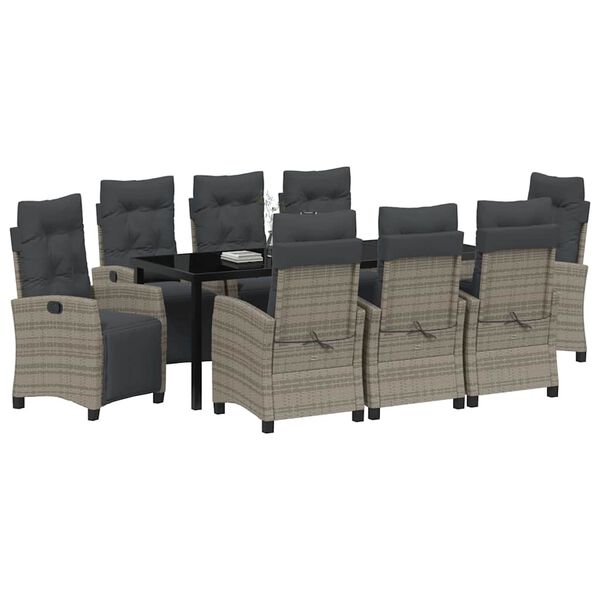 vidaXL Dārza ēdamgalds ar spilvenu 9 pcs Pelēka poliratāns