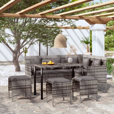 vidaXL 5-daļīgs stūra dārza dīvānu komplekts ar matračiem, pelēks PE