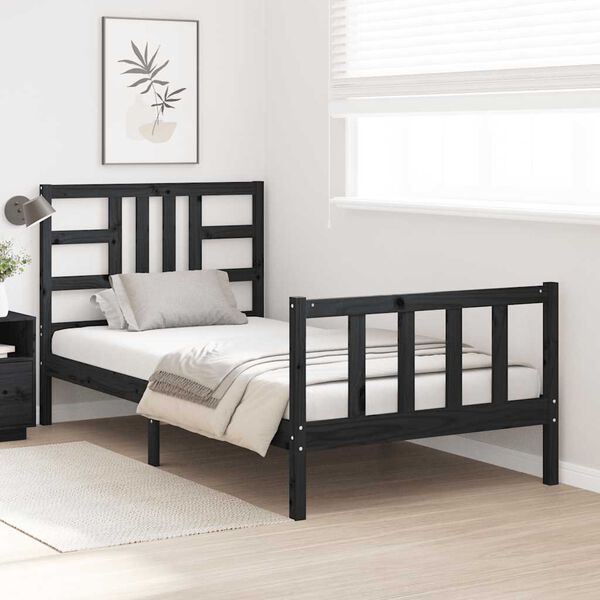 vidaXL gultas rāmis ar galvgali, 100x200 cm, masīvkoks, melns