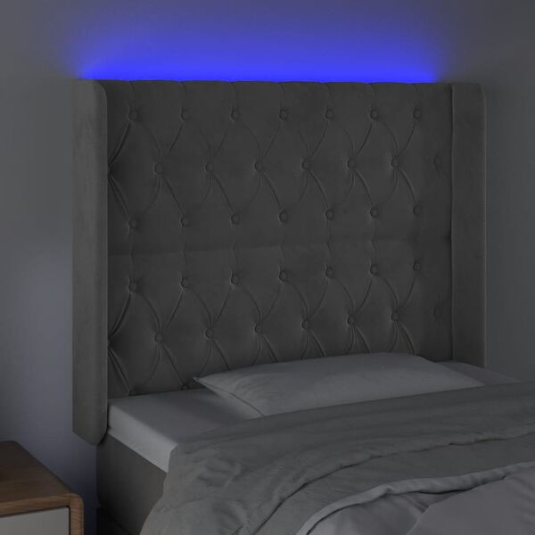 vidaXL gultas galvgalis ar LED, 103x16x118/128 cm, gai&scaron;i pelēks samts
