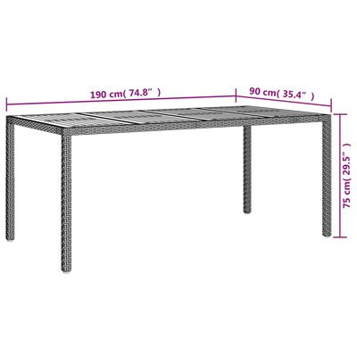 vidaXL dārza galds, 190x90x75 cm, melna PE rotangpalma, akācijas koks