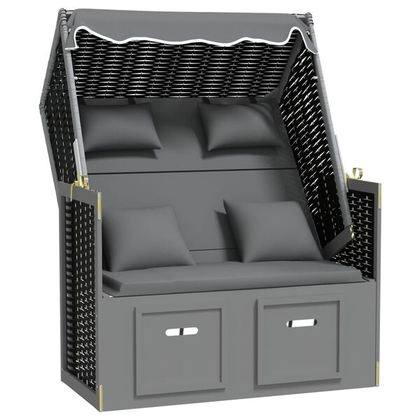 vidaXL sauļo&scaron;anās krēsls ar jumtu un spilveniem, PE rotangpalma, koks