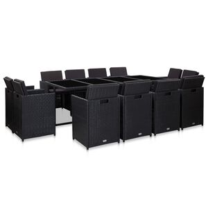 vidaXL 13-daļīgs dārza mēbeļu komplekts ar matračiem, PE pinums, melns