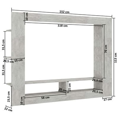 vidaXL TV skapītis, 152x22x113 cm, betona pelēka skaidu plāksne