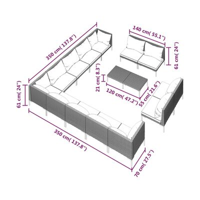 vidaXL 14-daļīgs dārza mēbeļu komplekts, matrači,pelēka PE rotangpalma