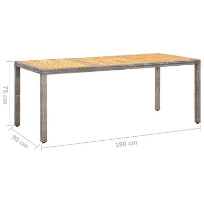 vidaXL dārza galds, 190x90x75 cm, pelēka PE rotangpalma, akācijas koks