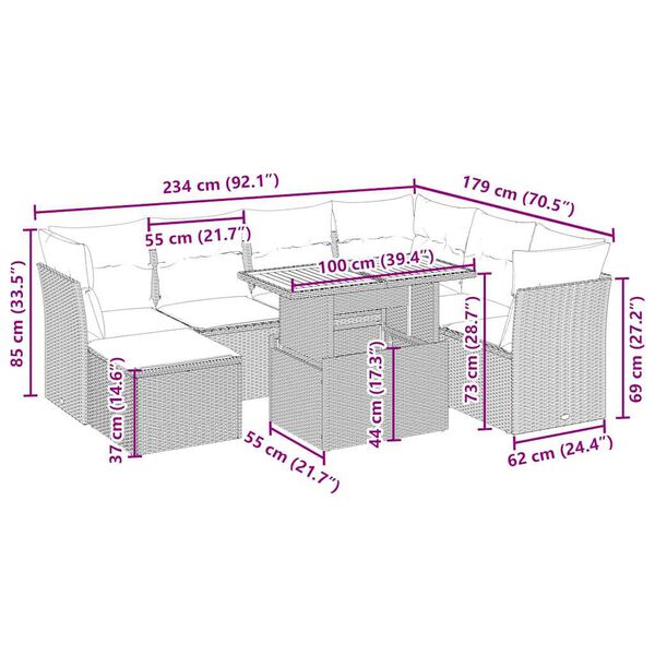 vidaXL 8-daļīgs dārza dīvāna komplekts, matrači, bē&scaron;a PE rotangpalma