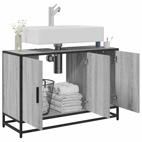 vidaXL izlietnes skapītis, pelēks, 90x33x60 cm, inženierijas koks