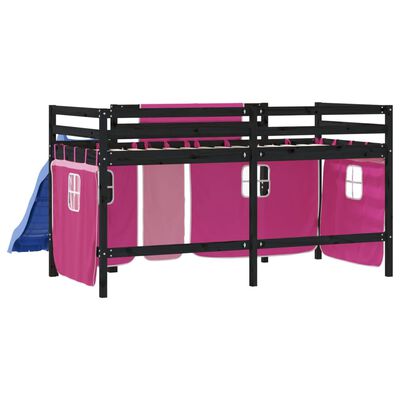 vidaXL bērnu gulta ar aizkariem, rozā, 80x200 cm, priedes masīvkoks