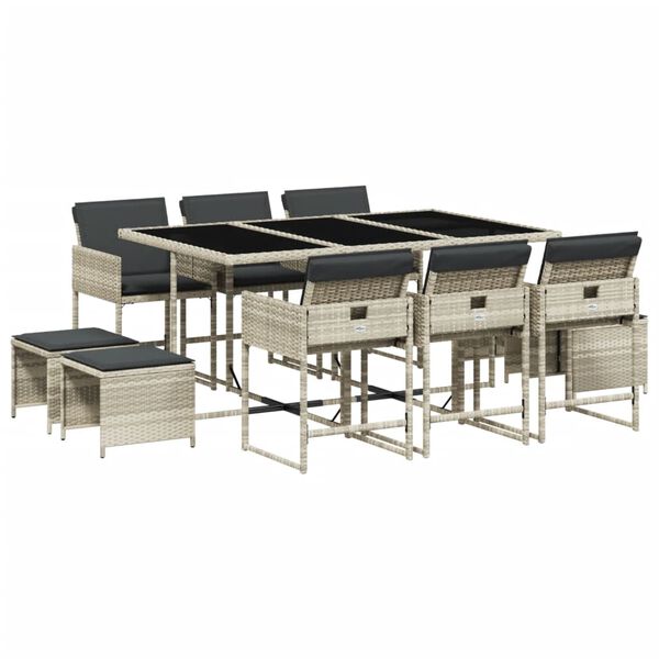 vidaXL 11-daļīgs dārza mēbeļu komplekts ar matračiem, gai&scaron;i pelēka PE