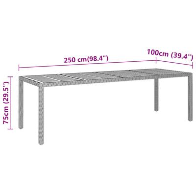 vidaXL dārza galds, 250x100x75 cm, akācijas koks un PE rotangpalma