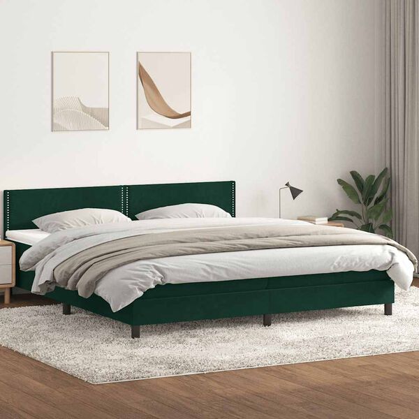 vidaXL Box Spring Gulta ar matrača Tum&scaron;i zaļa 200x210 cm samts