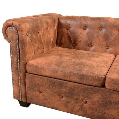 vidaXL sešvietīgs Chesterfield dīvāns, brūna mākslīgā āda