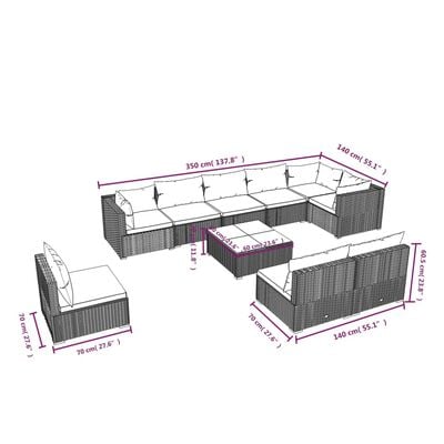 vidaXL 10-daļīgs dārza mēbeļu komplekts, matrači, melna PE rotangpalma
