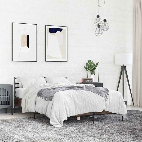 vidaXL gultas rāmis, brūna ozola, 140x190cm, inženierijas koks, metāls