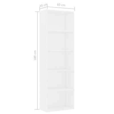 vidaXL 5-līmeņu grāmatu plaukts, balts, 60x30x189 cm, skaidu plāksne