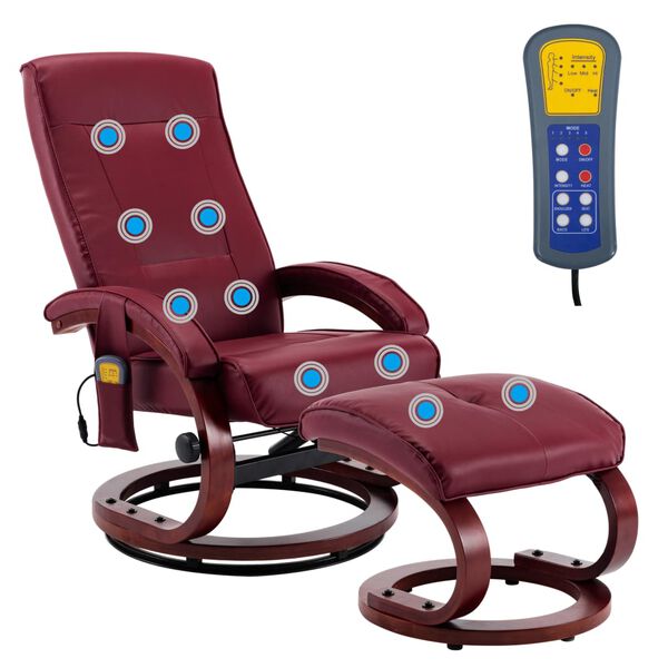 vidaXL masāžas krēsls ar kāju soliņu, vīnsarkana mākslīgā āda